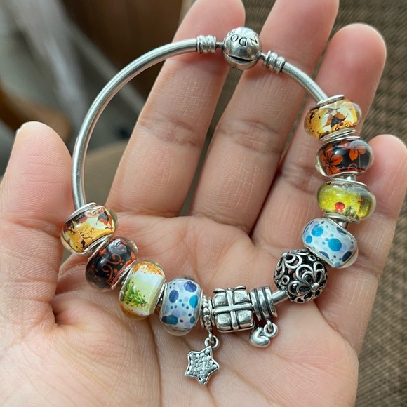 Authentic Pandora Moments Bangle Bracelet w/ 12 Charms Jewelry